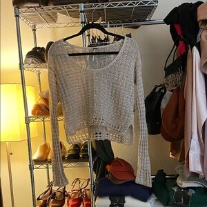 Free People Beige Tan Knit Crocheted Sweater